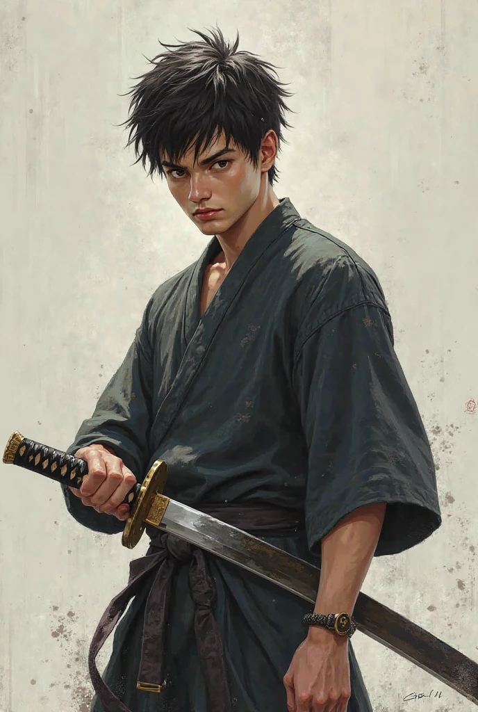 Hey make a image of the boy and he has to be curious and he has have to get a short hair and he had to get a katana  and make him look dangerous and not a  made him a man without beard