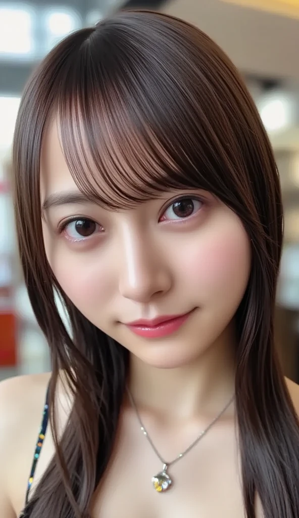 Highest quality、Realistic、、zoom、woman、cute、Light grey eyes、Black Hair、Long Straight、Tanned brown skin、Dark Skin、Pink panties with small character print、Pink panties with small character print、A seductive smile、Flat Chest、。Bust Shot、Chubby、shower room、