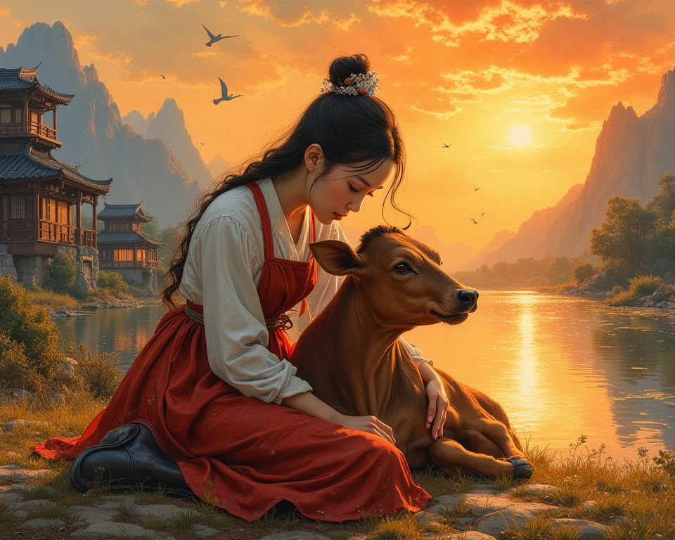 impasto oil painting, impressionistic, warm sunset, golden sunset lighting, asian scene, potrait of (Cowherd's daughter) a young Chinese woman hugs the neck of a bull calf (((no horns))) which lay on the ground, placing her cheek on the calf's head (((without horns))) at  lake and river background. river, birds, wood house, China country rock mountain landscape,  impressionism, Cinematic, Romanticism, abstract art complementary colors fine details oil painting by James Gurney head and shoulders portrait, 8k resolution concept art portrait by Greg Rutkowski, Artgerm, WLOP, Alphonse Mucha dynamic lighting hyperdetailed intricately detailed Splash art trending on Artstation triadic colors Unreal Engine 5 volumetric lighting, intricate details, HDR, beautifully shot, hyperrealistic, sharp focus, 64 megapixels, perfect composition, high contrast, cinematic, atmospheric,