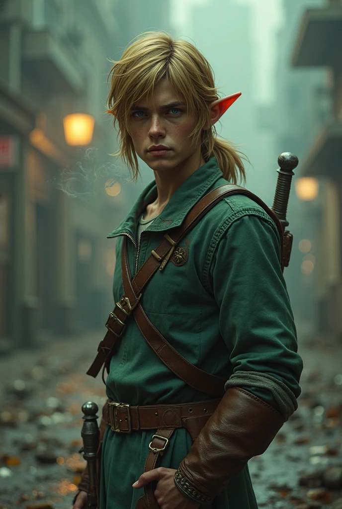 Imagine link from the legend of Zelda ocarina of time smoking a cigarette and wearing a leather jacket 