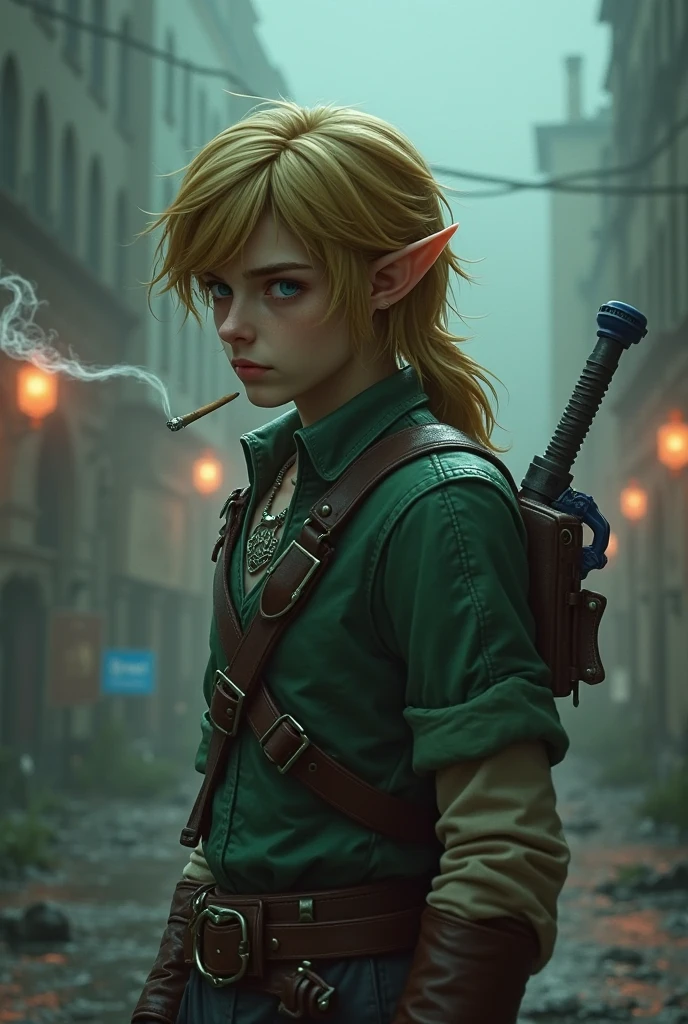 Imagine link from the legend of Zelda ocarina of time smoking a cigarette and wearing a leather jacket 