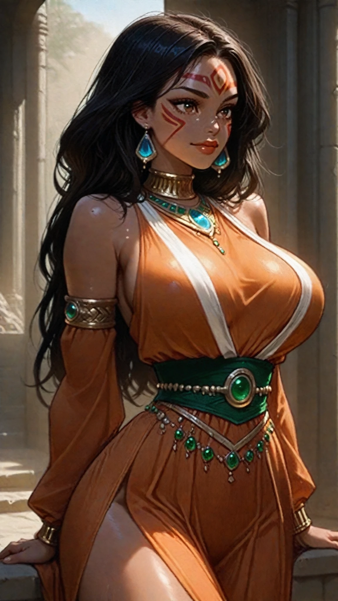 nose piercing, standing, jewelry, orange jumpsuit (insanely detailed, beautiful detailed face, masterpiece, best quality), cleavage, piercing blue eyes