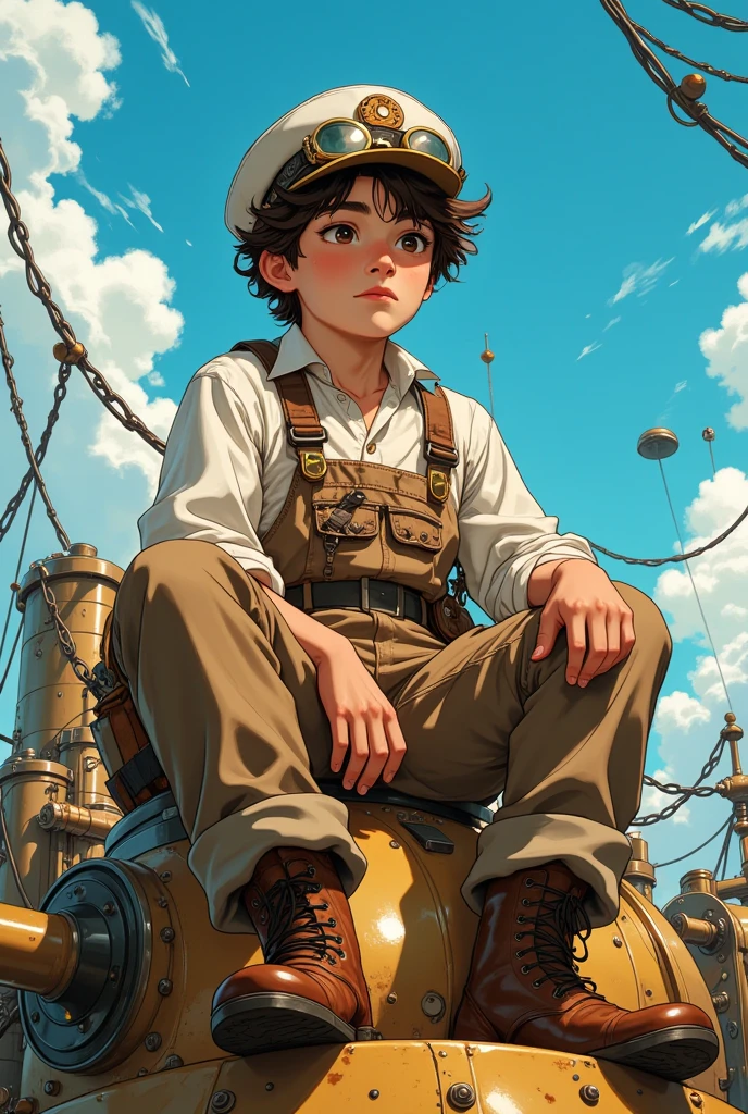 steampunk, ((elementary boy)) boy, brown fluffy hair peeking out from under a (marine cap with attached goggles), short pants, worn and dirty overalls partially covering a visible (white shirt underneath), leather shoes, sitting on something mechanical, low angle view, blue sky in the background, slim body, looking off into the distance with a thoughtful expression, dynamic perspective from below, soft natural lighting, detailed steampunk accessories, subtle background with industrial elements like gears and pipes, warm tones with contrast between clean sky and rugged outfit, painterly anime style, intricate linework, emphasis on textures like worn fabric, shiny goggles, and soft hair