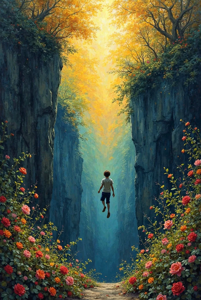 Make a person fall from a high distance of darkness to a place full of yellow light, nature, flowers and goodness as a means of hope in an artistic style similar to that of Van Gogh 