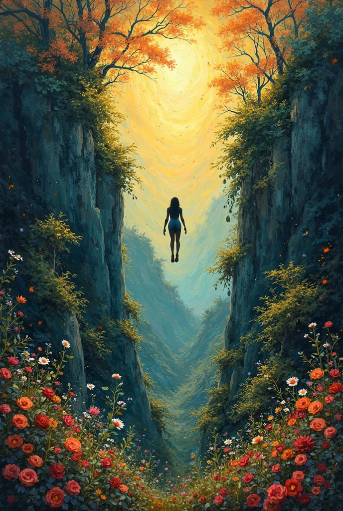 Make a person fall from a high distance of darkness to a place full of yellow light, nature, flowers and goodness as a means of hope in an artistic style similar to that of Van Gogh 