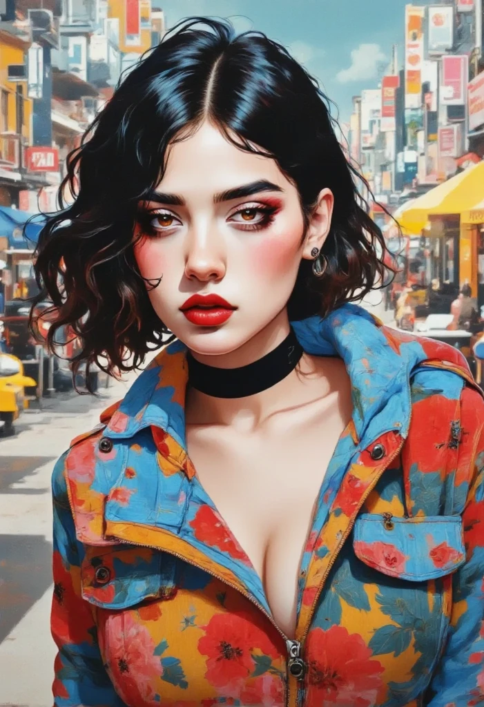 2 Modern urban Mexican women, beauty，well proportioned, Denim skirt，black hair, Sexy and attractive red lips，portraitures，oil painted，inks，acrycle painting，tmasterpiece，Renaissance style，best qualtiy，A high resolution，super-fine，Eyes detailed，Face detailed，sharp focus on eyes