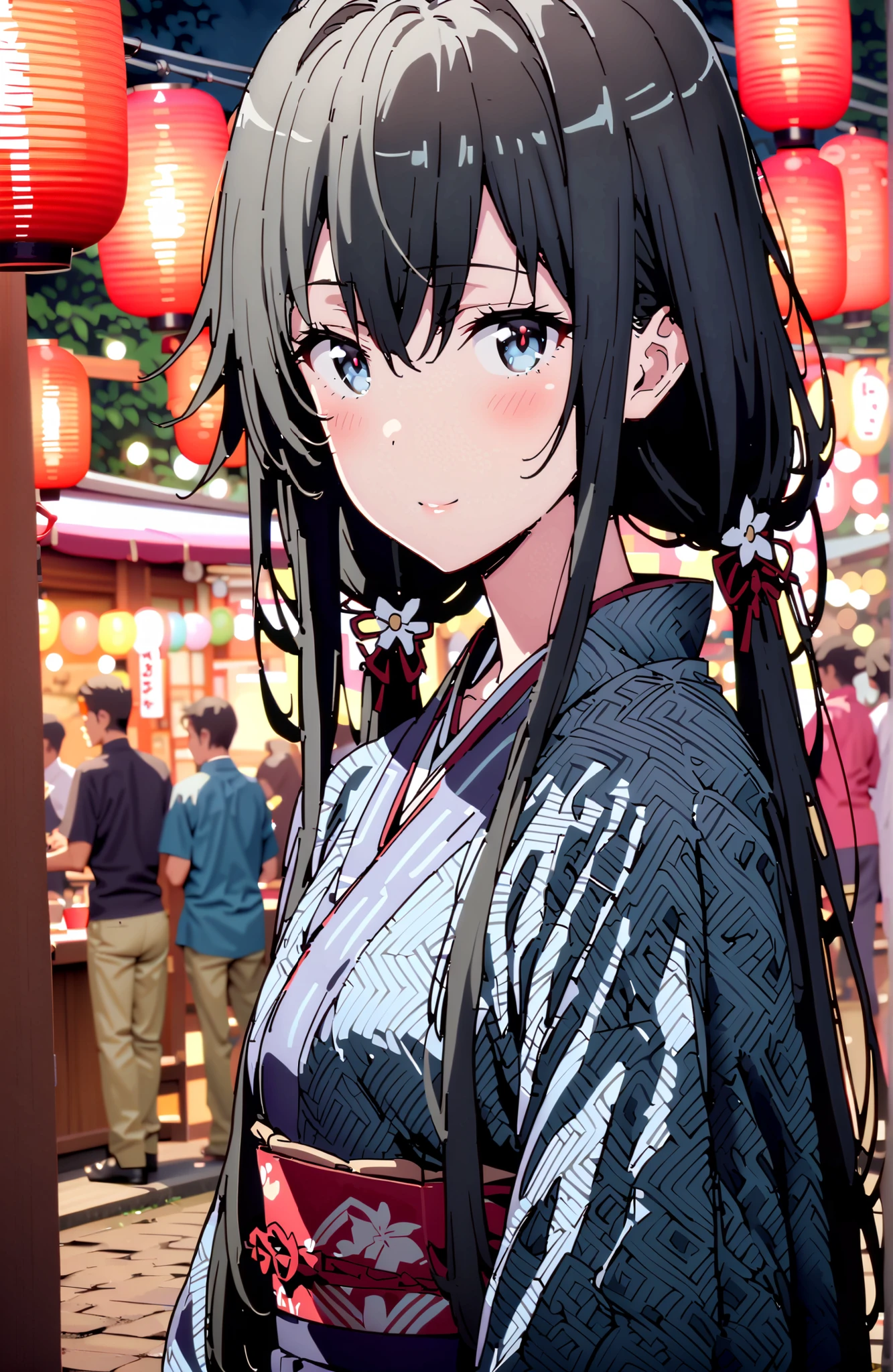 Yukinoshita Yukino , Yukinoshita Yukino, solo,black hair, blue eyes,stupid hair,Low Twin Tails,long hair,White flower pattern kimono,flower hair ornament,smile,blush,close your mouth,Light up fireworks,Japanese stalls ,Red Lantern,crowd,night,standing,full bodyがイラストに入るように,break outdoors, Japanese Festival,
break looking at viewer,full body,
break (masterpiece:1.2),top quality ,Kampala,unity 8k 壁紙,(shape:0.8),( fine, beautiful eyes :1.6),It's a person ,full body写真,CG Details , (perfect hand,Complete Anatomy),
