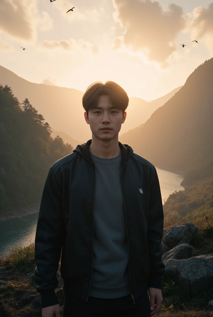 A young confident man standing calmly in front of a breathtaking natural landscape. Behind him, golden sunlight gently falls on the mountains. Soft clouds are slowly moving across the sky, birds fly in the distance, and a calm river flows through the valley. The environment is peaceful and cinematic, with a warm sunset glow and light wind moving the trees slightly. Ultra-realistic, smooth camera pan, soft lighting.