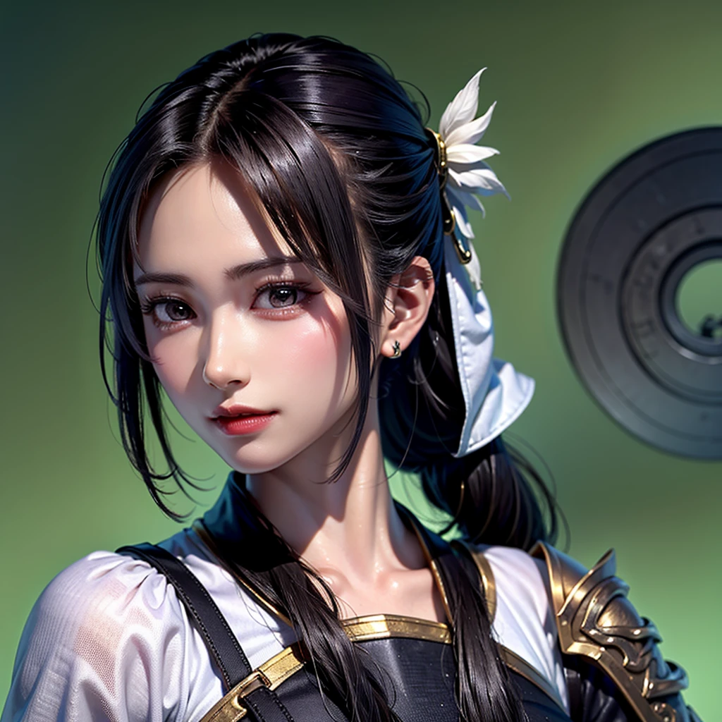 close-up images of women in purple armor and veils, One person,Wavy ponytail,Large breasts and open neckline,High-detail facial and skin textures,Look into the camera,Perfect beauty: 1.4,  Fine Grain ,Double eyelids, White skin,Armor,very high resolution,simple background,Chinese warrior