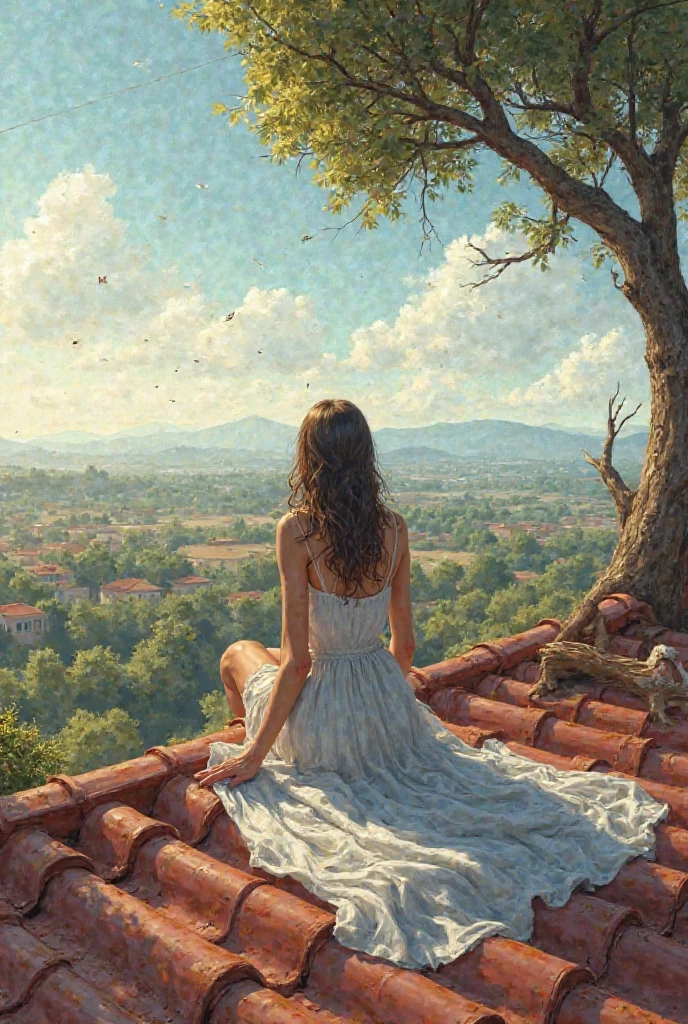 The girl is sitting upstairs on the top of a rotoplas looking to the horizon on a roof, I want to reflect the entire roof, clothes stretched out and an almond tree that is on the outside but whose branches reach up to the top of the roof.