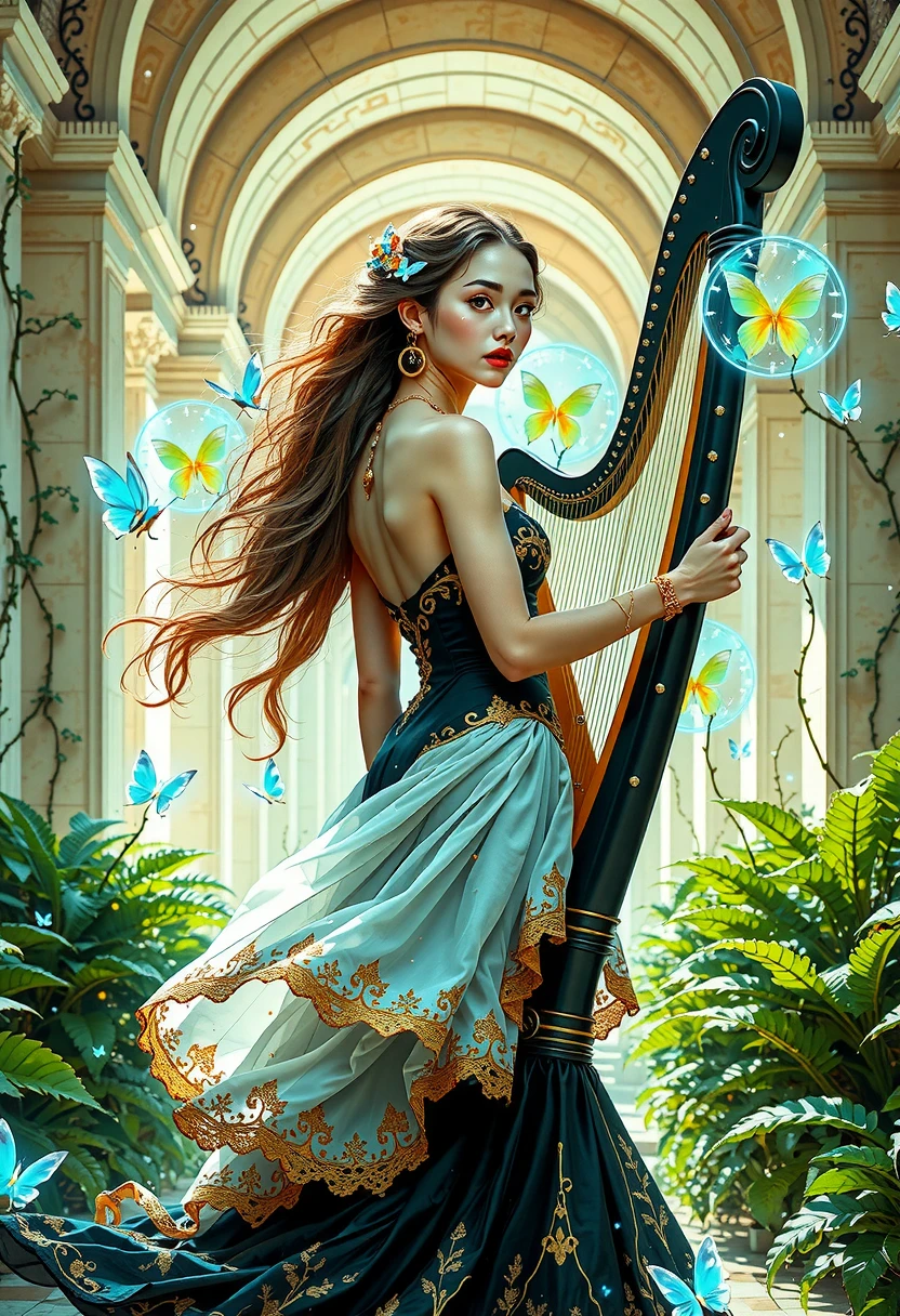 Outside: A dynamic dance with a curved back, with flowing hair and a, stretched to the harp. face: Perfect features with easy predation — scarlet lips, eyes the color of molten gold with vertical pupils, like a cat . skin: Pearlescent, with flickering particles, as if sprinkled with stardust.  ???? : multilayer, with asymmetric hem: Top : A tight corset embroidered in gold in the form of ancient runes. through: Lush skirts made of translucent chiffon (white, matter with gold patterns-). details: - Black satin inserts in the shape of petals, vines emphasizing the waist and shoulders. - Along the edges of the fabric are glowing threads, simulating magical streams. - Harp from ebony with gold veins, strings of glowing neon blue crystal. - Over the harp are vortices of musical notes, turning into butterflies, leaves or sparks. - Every touch of the strings generates waves of light, spreading across the hall. - There are shining swirls around the goddess (turquoise , purple), like the fabric of reality comes from her dance. - Marble, engraved in the form of climbing plants and mythical creatures. - Between the columns n — glowing arches, creating the illusion of an endless temple.  ferns : - Giant,  with leaves, covered with dew drops (every drop is a miniature mirror). - The stems glow from within with a soft green light. - Black granite with gold veins, reflecting the figure of the goddess and magical vortices. - Multi-row, hand made of black diamonds and gold chains, descending to the clavicles. - The central stone is a pulsating amethyst, repeating the rhythm of music. - Wide gold hoops engraved with waves and stars. - On the wrists there are transparent inserts with a haze “locked” inside (magic symbol). - **textile:** You can see every fold, the overflows of chiffon and the glitter of satin. - **skin:** texture, resembling mother-of-pearl, with glare from magic vortices. - **background:** Dew drops on ferns, crack in marble,  specks of dust in the air . - **dance:** The embodiment of passion, fantasy style, best quality high detail, 8k, masterpiece,  oil painting style ,