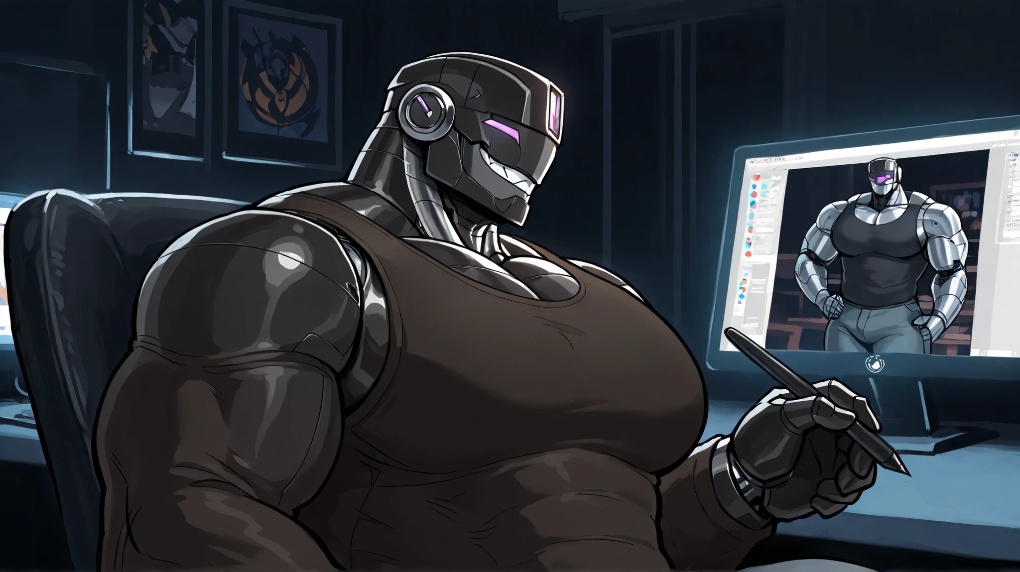 Handsome adult male muscle robot, casual composition, confident and dominant expression, cool formal color palette, artistic shadows, Semi-realistic style , Detailed design , lighting of a pc screen, in a dark room, profile photo style, friendly logo, powerful and flirty, male and juvenile, , (((adult male robot ))) 、only, masterpiece、better quality、 black body, , ( hyper pectorals ), drawing on your tablet, setup gamer background, desktop, tight clothing, top view, sitting on a chair, blushed, without eyes, Fanged smile, tank top and pants