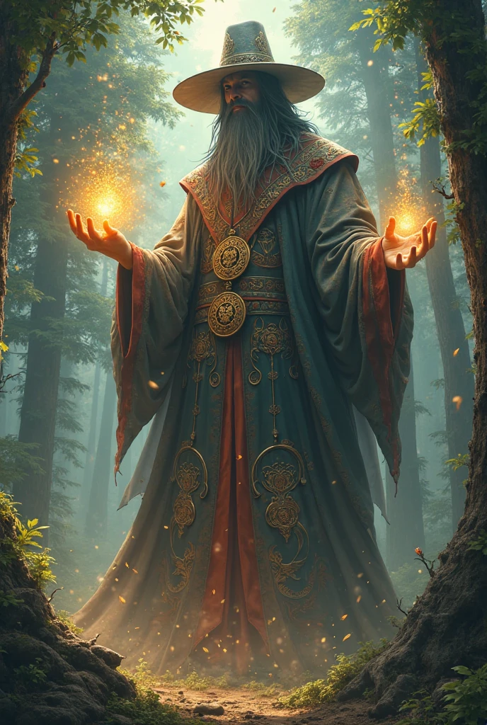 A giant magician and a  in a forest