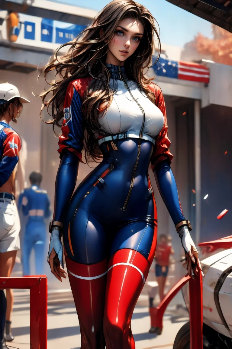 A full-body, ultra-detailed semi-realistic digital painting of a mature Polish woman in her early 40s, with a tall, toned, graceful figure that reflects classic Central European elegance. Her proportions follow a 10-heads-tall fashion model silhouette, with a modestly full bust, narrow waist, and long, shapely legs. Her posture is upright and relaxed, with a soft hip tilt that exudes calm confidence. Her skin is fair with a soft white tone and cool undertone, glowing naturally.
Her  features are sharply defined—high cheekbones, a long straight nose, and a V-shaped jawline. Her eyes are almond-shaped, elongated, and slightly upturned at the outer corners, creating a cool, fox-like gaze beneath delicately arched brows. Her lips are medium-thin with a well-shaped Cupid’s bow, shaded in muted rose. Her makeup is clean and cool-toned: sculpted taupe eyeshadow, soft smoky shading below the eyes, and highlight accents to enhance her bone structure.

She wears a sleek race queen outfit inspired by the Polish national colors: a red and white zip-up crop top with silver trim and subtle structure, paired with an ultra-short asymmetrical skirt featuring red and white blocks and integrated black sponsor logos. Thigh-high white boots with red stripe accents and fitted red fingerless gloves complete her athletic, aerodynamic look. The suit reflects ambient light with a smooth, synthetic sheen and patriotic tone.

Her long blonde hair is sleek and waist-length, center-parted and naturally styled, flowing cleanly down her back without bangs or accessories.
She stands at a modern Polish racetrack with crisp architectural lines, national flags in soft focus, and cinematic cool lighting that highlights her confident, modern silhouette.
Masterpiece, best quality, semi-realistic, 8K resolution, cinematic lighting, hyperrealistic portrait, finely detailed, detailed eyes, soft fabric texture, cyber-race queen aesthetic.