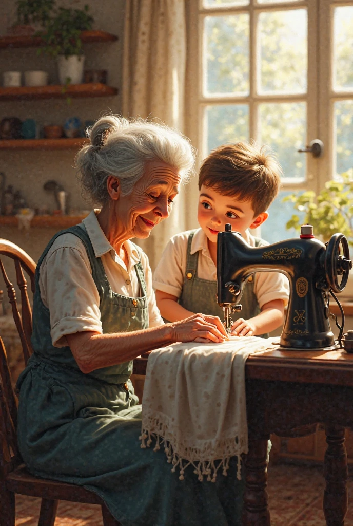 Old dressmaker with her grand son