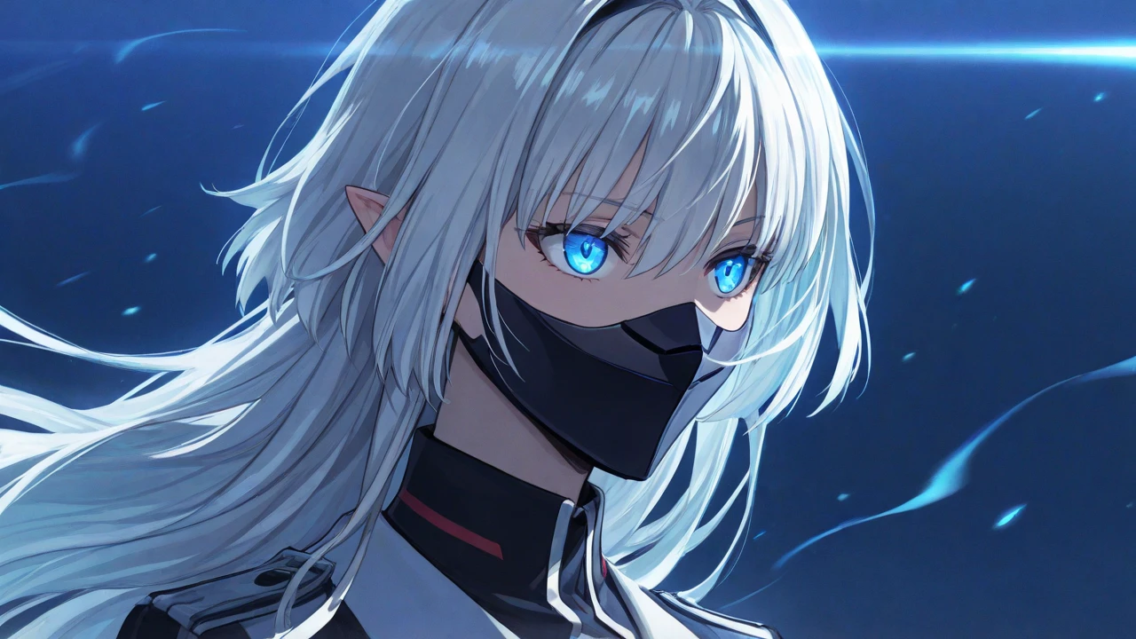 : A detailed anime-style illustration of Senko’s face, his glowing blue eyes filled with calm determination, long silver-white hair flowing in the wind, pointed ears visible, a black mask covering the lower half of his face, a calm and heroic atmosphere, vibrant colors of black, blue, and silver, cinematic lighting with glowing effects, ultra-detailed textures, 8K resolution, --ar 16:9