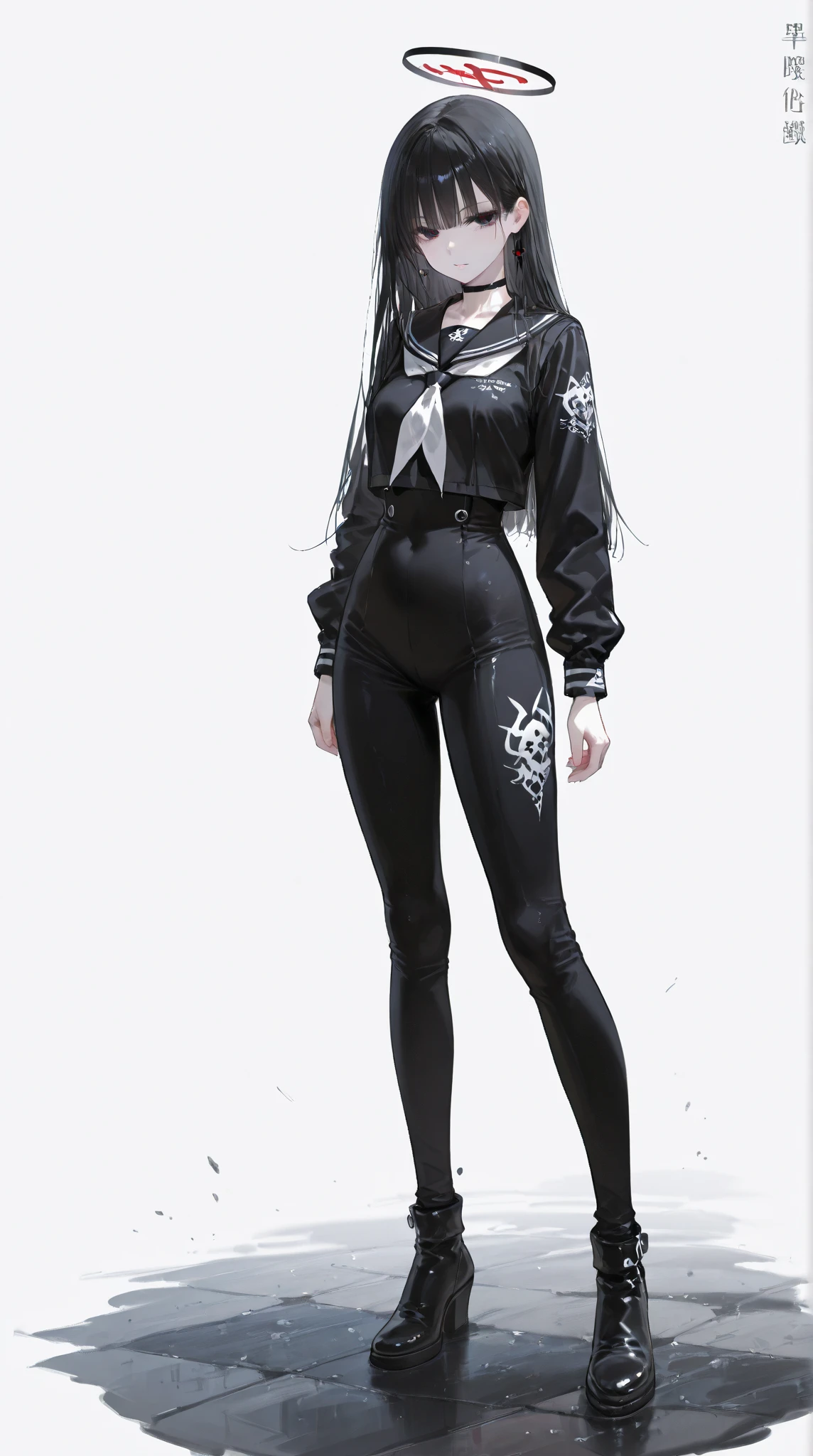 A girl with half her face in Venom makeup, with a ponytail in her black hair, wearing a short-sleeved blouse with a Venom spider in the center , and with a black skirt like from the Olympics with two white stripes , The stockings are below the knee in black and have two white stripes, and black military-style boots with black decorative confetti on the sides