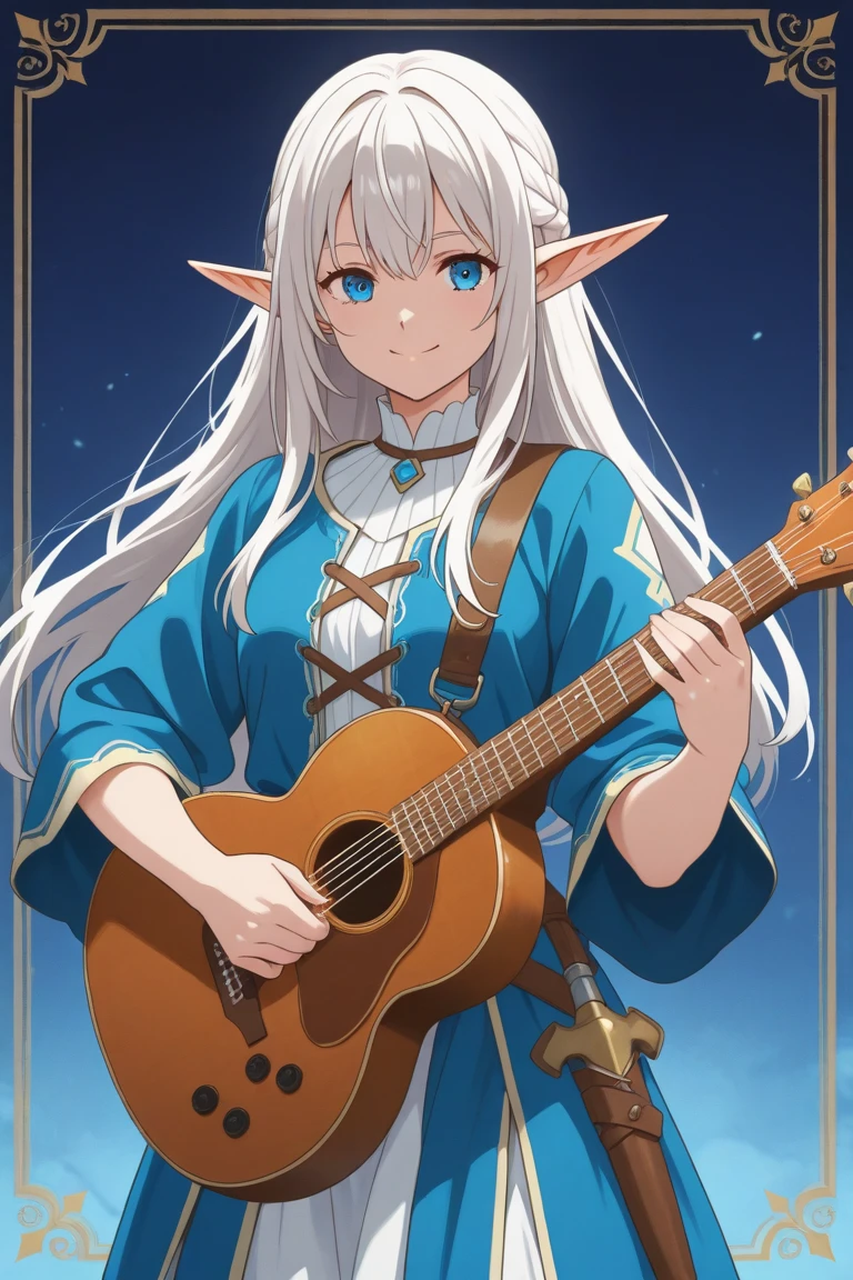 One girl, Green Robe Decollete,one elf girl,Playing guitar bard,ponytail ,Gray Hair, Purple eyes, Blue Fire, blue flame, wallpaper, Playing guitar,Medieval Tavern,Sitting in a chair, Depth of written boundary, night, Particles of light, light, Side Lighting, Thighs,Black Cape, skirt, cloud