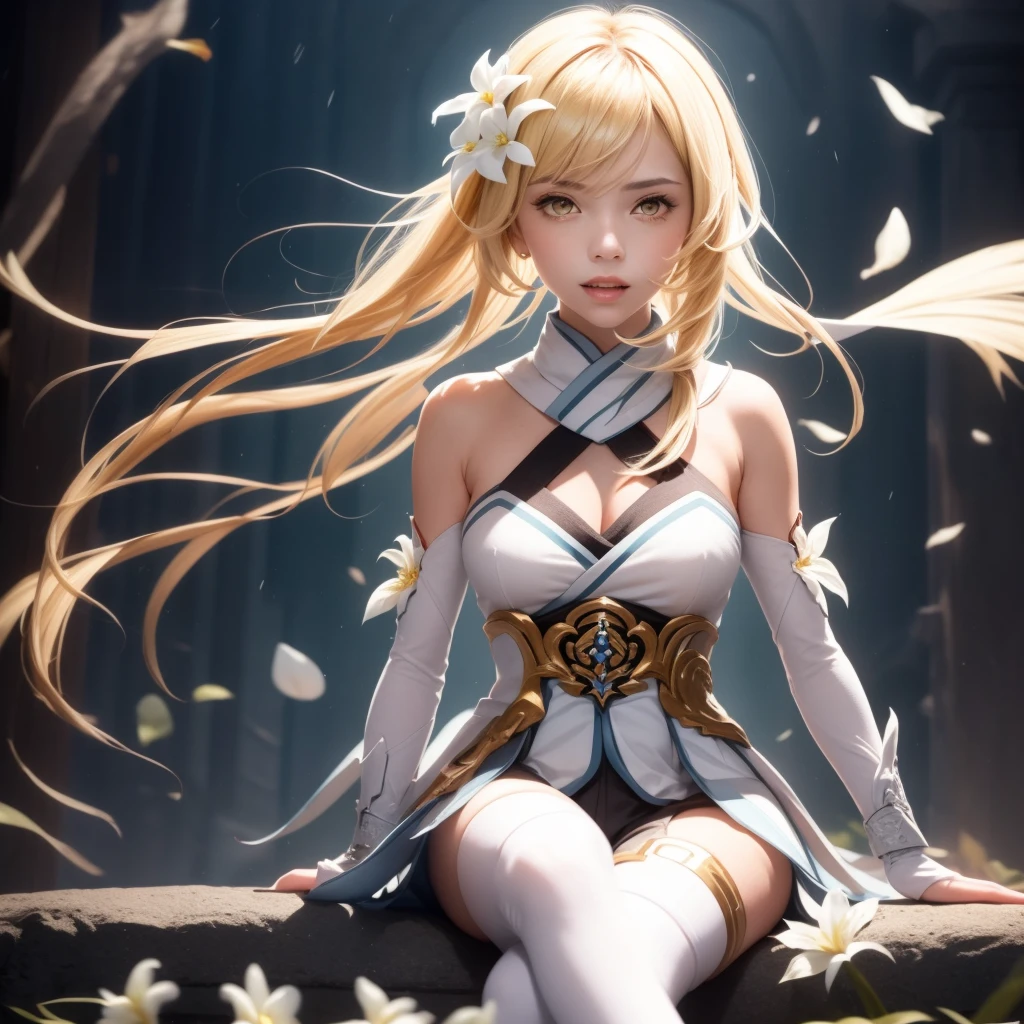 close up 1girl in, Ahri, league of legends, teenager, Solo, long hair, super long blond hair, pale skin, full medium breasts, cleavage, runners body, (thin hips, thin waist: 1.25), (arched back:1.12), detailed skin, neutral face, mischievous smile, revealing clothes, (wearing fox ears, fox tail, off the shoulder kimono: 1.1), (detailed tree house city background:1.1), dark rooftop, overlooking apocalyptic city, 4k textures, soft light, elegant, highly detailed, sharp focus, soothing tones, insane details, intricate details, hyperdetailed, low contrast, exposure blend, hdr, faded