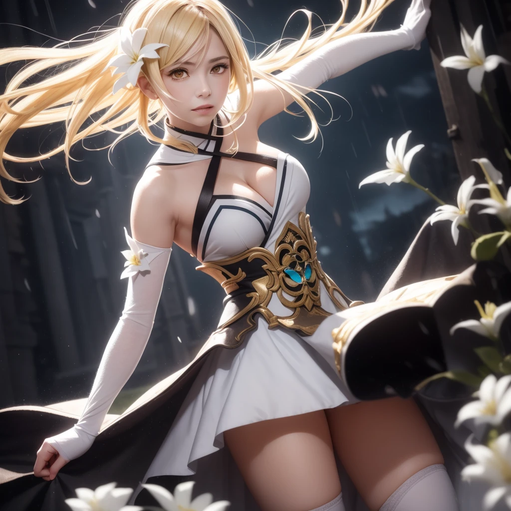 (Luminekos:1.4),1 Girl, Naughty face, best quality, masterpiece, Ultra-high resolution, RAW photos,masterpiece, best quality, (Reality:1.4), (Willow Waist:1.2), Delicate face
, outdoor,Blurred background,
Gloves, skirt, black Gloves, white skirt, fingerless Gloves, Separate sleeves, High Leg Raise,