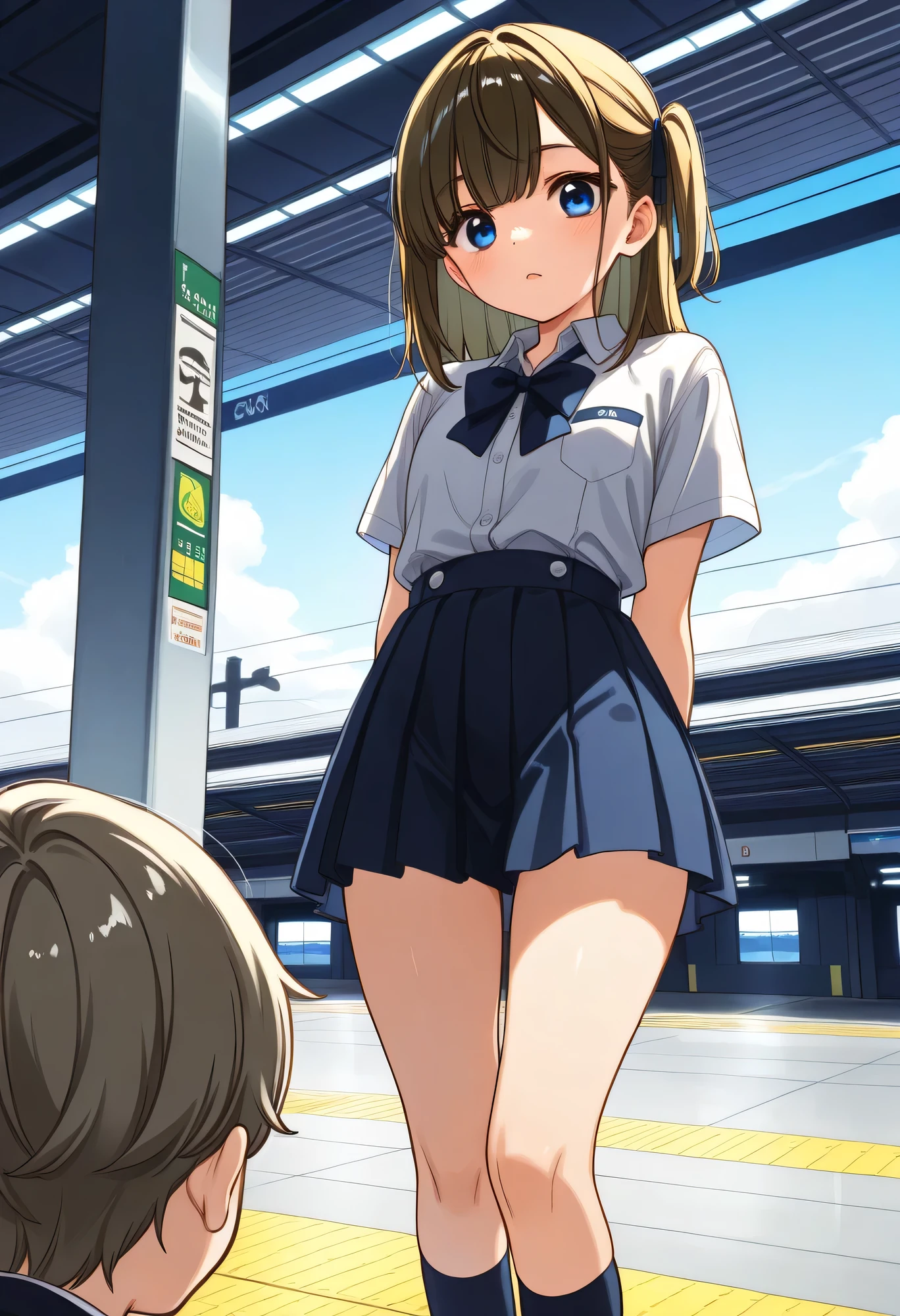 top quality、HD、masterpiece、detailed background、beautiful girl、anatomically correct、perfect body line、 Tram、station platform、JK uniform、pleated skirt、thigh、cute仕草、The open movement of the skirt、fun atmosphere、Sexual expressions、
(station platformでスカートを持ち上げてパンティを見せる2人の少女:1.5)、cute