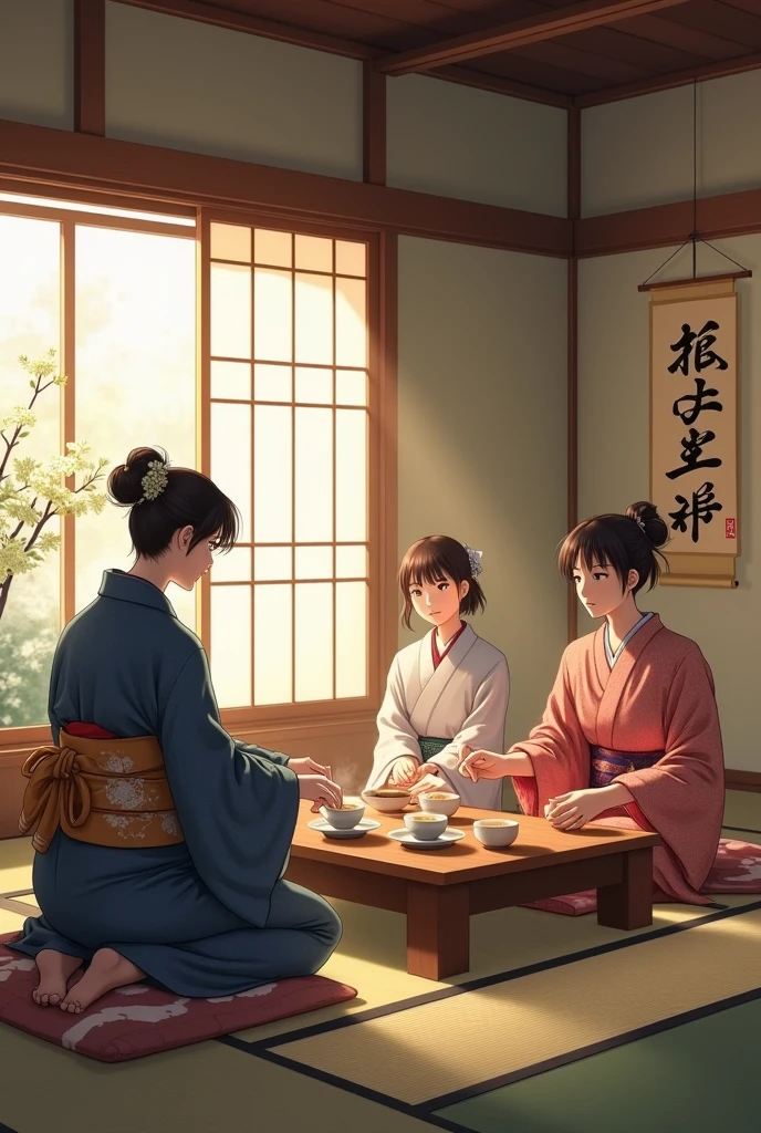 A traditional Japanese Tea Ceremony witting a traditional room with a flower arrangement usi 