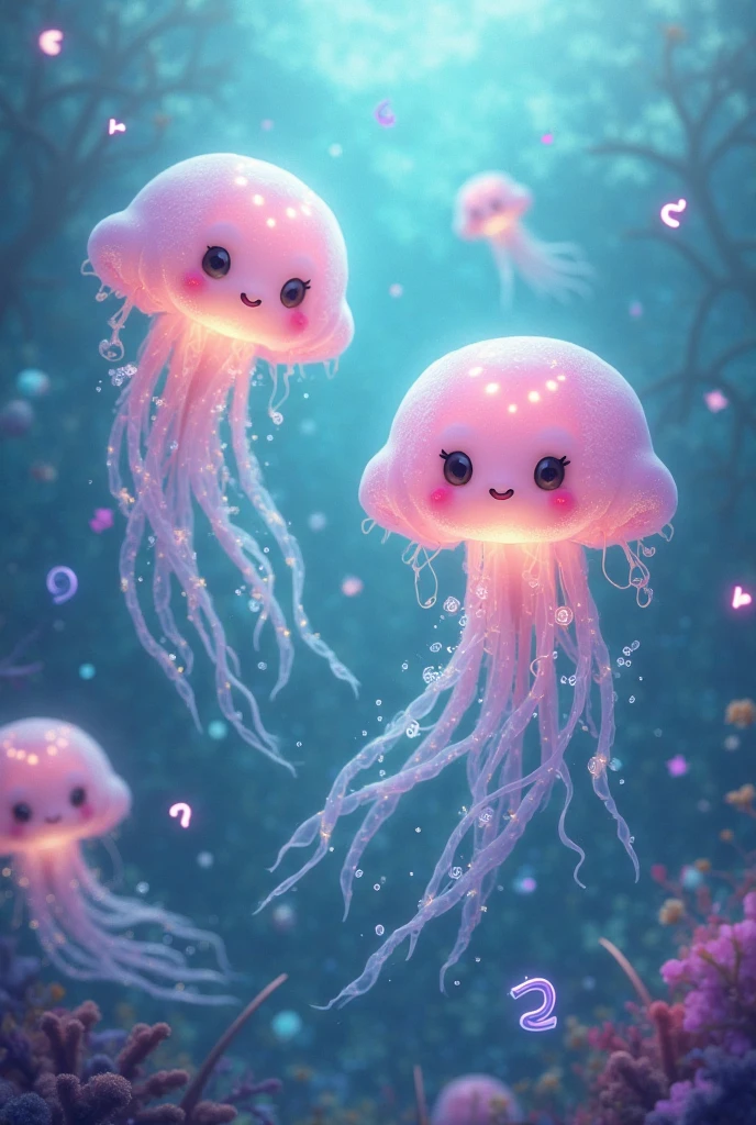 cute jellyfish characters,  A group of glowing fish, ((((and is written with letters floating on top of a swirling pattern"Sea Art 2 "it is、is a round shape that combines floating letters and pale blue))))