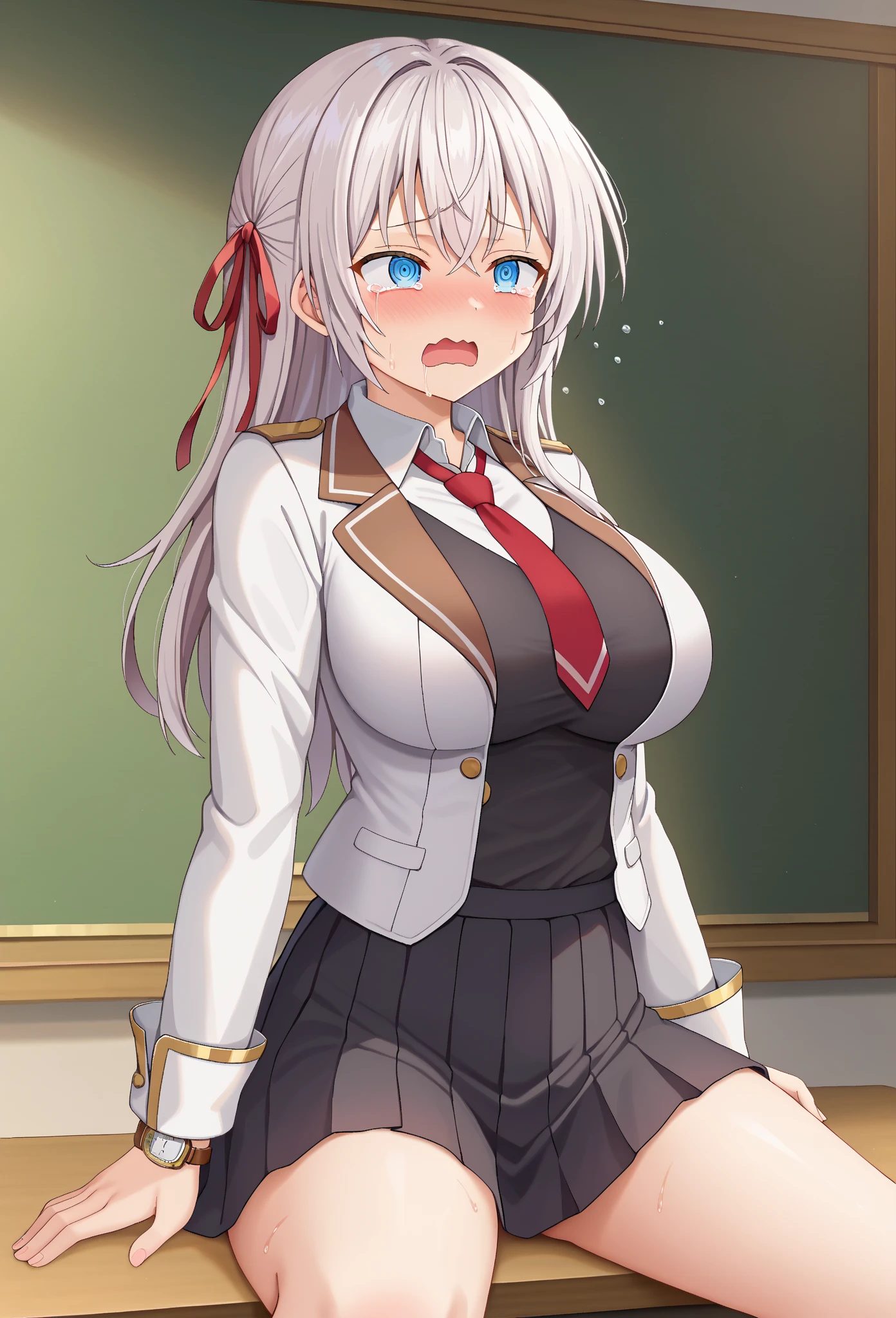 score_9, score_8_up, source_anime, solo, 1girl, cowboy shot, looking down, 
 <lora:AkashiyaMokaPdxlDwnsty:1>,Akashiya Moka Vamp, red eyes, white hair, long hair, ahoge, school uniform, collar, blazer, jacket, plaid skirt, choker, cross necklace, cleavage, collarbone, thighs,
large breasts,  hands up, surprised, open mouth, wide-eyed,  breast expansion, grabbing own breast, 
indoors, classroom, desk, windows,