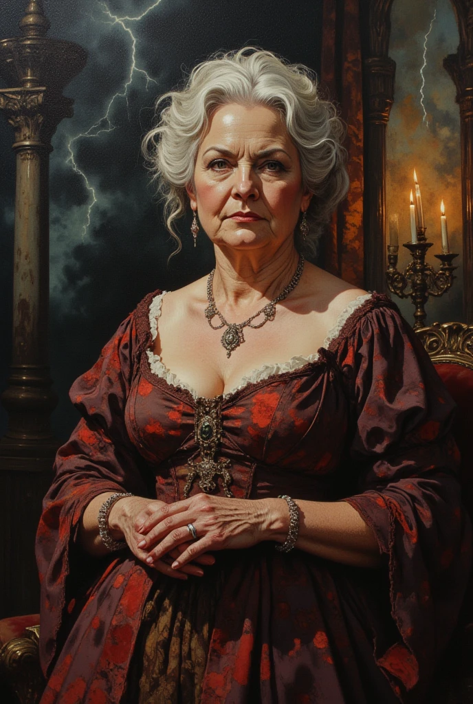oil painting, spirit of woman aristocrat 50 years old, plump, elegant dress, shining through a woman watercolor background luxury bedroom in gloomy castle, not people in room, black fog, dynamic pose, roaring magic around, fire in candles, lightning in the sky, portrait, looking straight into the camera, large strokes, high quality details
