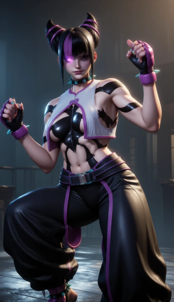 masterpiece, best quality, highres, onejuri, purple eyes, baggy pants, white pants, black panties, panties over clothes, standing, cowboy shot, evil grin,