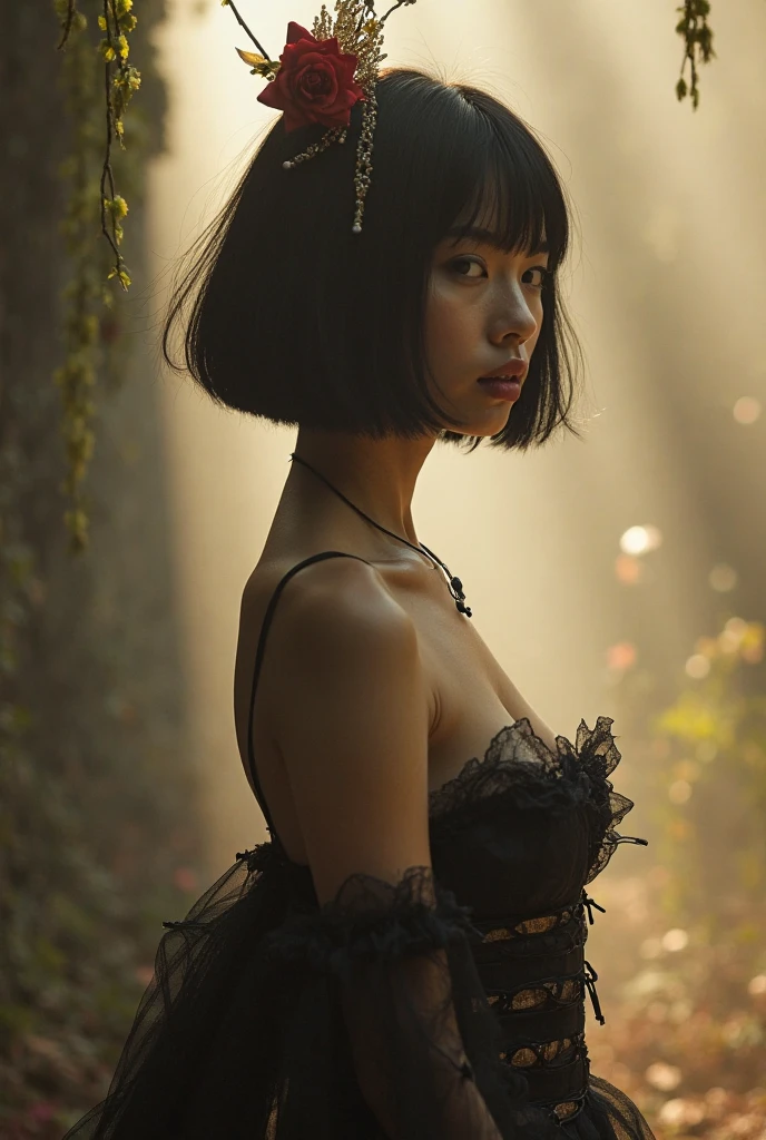 EDITORIAL PHOTOGRAPHY,  Super Detailed Backgrounds  ,Super Real, Shade,depth of field, perfect anatomy、Goddess Amenouzumenomikoto 、full body、cool beauty super slim skinny video, Soft Focus Sepia Tone ,movie scene,It was transparent,Wabi-sabi,Shioriness,looking at the camera、Nipples、Geometric model witch costume,is looking away at the female genitals,  Super Short Straight Bob Hairstyle ,Japanese Mythology Worldview 、natural light、Heaven Realm