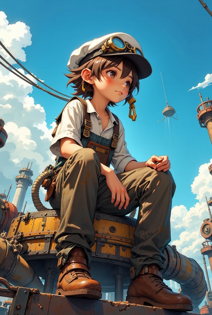steampunk, ((elementary boy)) boy, brown fluffy hair peeking out from under a (marine cap with attached goggles), short pants, worn and dirty overalls partially covering a visible (white shirt underneath), leather shoes, sitting on something mechanical, low angle view, blue sky in the background, slim body, looking off into the distance with a thoughtful expression, dynamic perspective from below, soft natural lighting, detailed steampunk accessories, subtle background with industrial elements like gears and pipes, warm tones with contrast between clean sky and rugged outfit, painterly anime style, intricate linework, emphasis on textures like worn fabric, shiny goggles, and soft hair