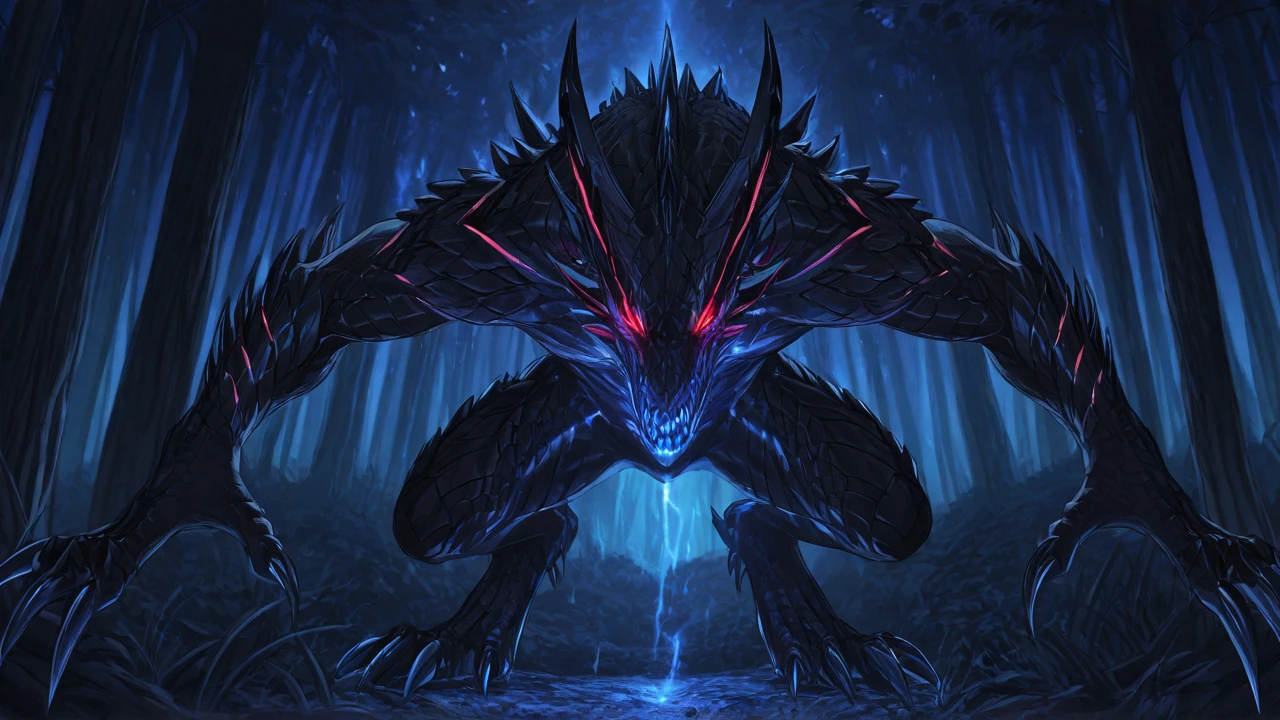 ((best quality)), ((masterpiece)), (detailed), A digital illustration of a giant monster with a red glow creating small bugs inside of machinery with a blue background