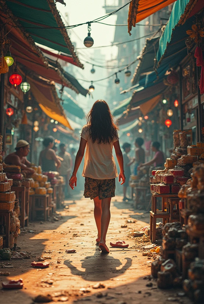 A  walking in a busy Filipino market, one slipper missing.
