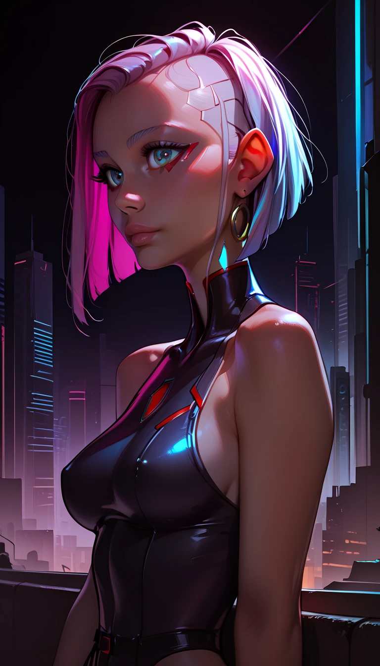 graphic design t-shirt, flat design, futuristic cyberpunk girl in mix of tones, topless,, sexy body, topless, flashing , big , metal skin, metal nipples, laser beams, purple emissive eyes, colorful tones, clean highly detailed, vector image, smoke explosion, simple background, flat white background, bright vector ((white background) )