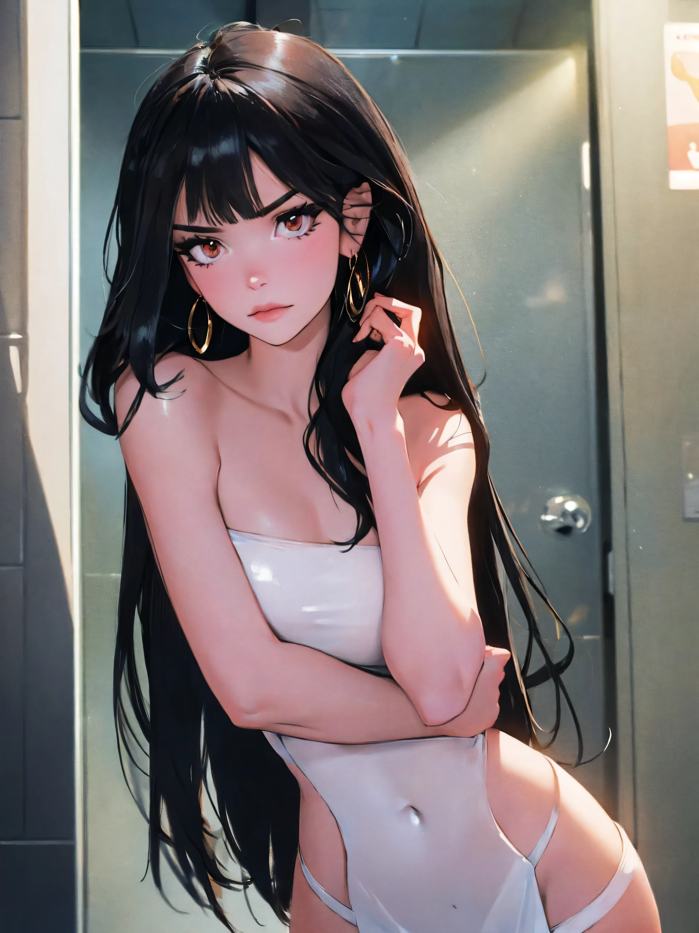 1girl,a beautiful fashion model ,(masterpiece, official art, best quality),long and shiny hair, black hair,  full lips, upturned nose , medium breasts, stripping, elegant makeup, exhibitionism, naked in public, , slim thighs, toned body, shiny skin, sexy pose, tattoos, (( (slender, skinny, slim))), gold hoop earrings, pink eyeshadow, cute face, ((tentacle pit
))), swept bangs