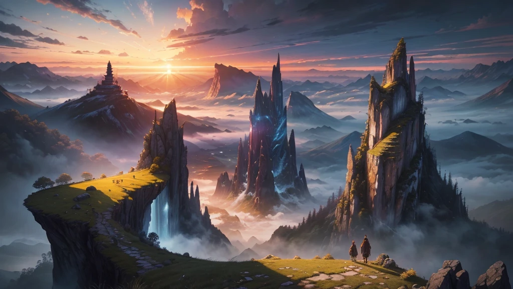 top quality、masterpiece、Spectacular landscape painting、Shandana Scenery、Epic Worldview、fantasy world、Mysterious Landscape、Mysterious Atmosphere、The world illuminated by the rising sun、colorful light、precise texture、realistic、Pictorial Details、4K HIGH DEFINITION、extreme detail、HDR Tones、professional on stage floor