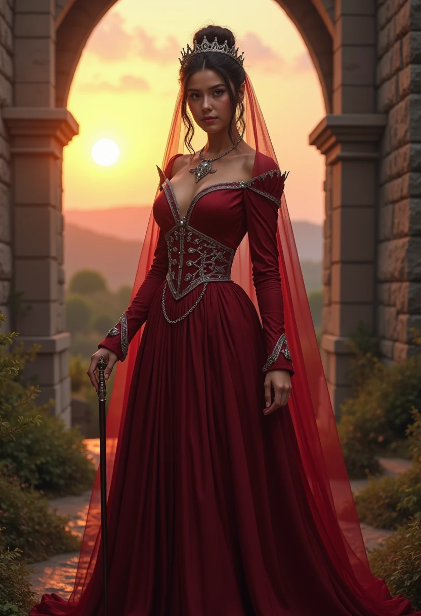 Beautiful and sensual busty sporty (thin) Brunette queen with sharp facial features wears a modest updo, dunkelrotes medieval timeskleid, long sleeve, Wide neck, crown, veil, long dress, tight bodice, silver (waist chain), medieval timeslicher Schmuck, medieval times, Lock, Wall, wand, Outside, on top of a Lock wand, Trees, landscape, evening, sun set.