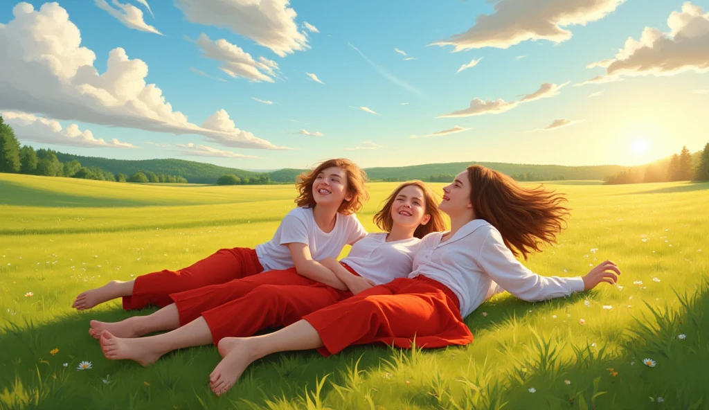 Three friends lying on the grass staring at the clouds, daydreaming and laughing, their red skirts and trousers blending into the late afternoon sunlight.