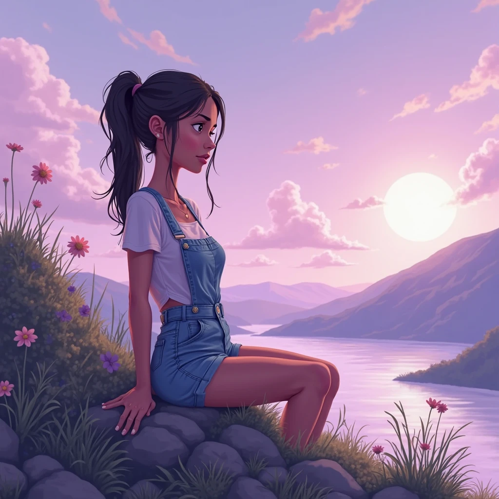 eira wearing jeans jumpsuit shorts and shirt. Eira on sitting at the top of a hill, no RIVER, NO WATER, NO PIND OR LAKE. ready for adventures , wearing low pony tail. looking dissapointed.a pixar cartoon. make the bg more bigger...the character smaller at a side. abit dreamy. mature girl. summer vibe. purple theme