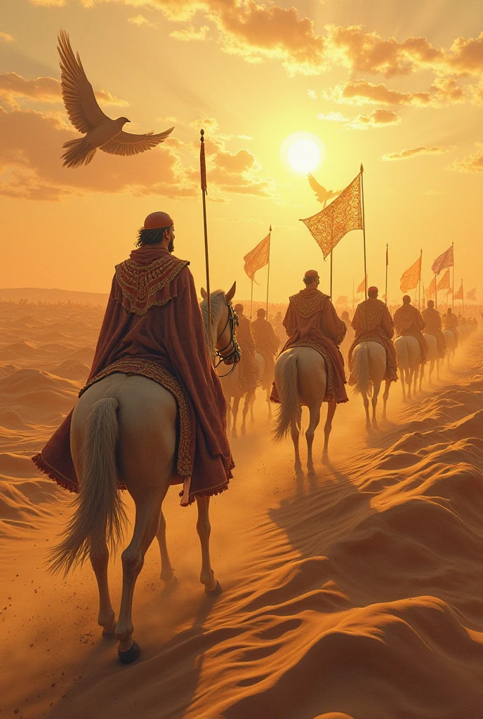 A men wear green hijab sitting bloody camel,
Both of men hands are placed by ancient handcuff,
Also neck are placed by ancient handcuffs,
Bloody sky,
Burning tents,
Some ancient army wear red suit with sword,javelin,sheild,
Burning date tress,