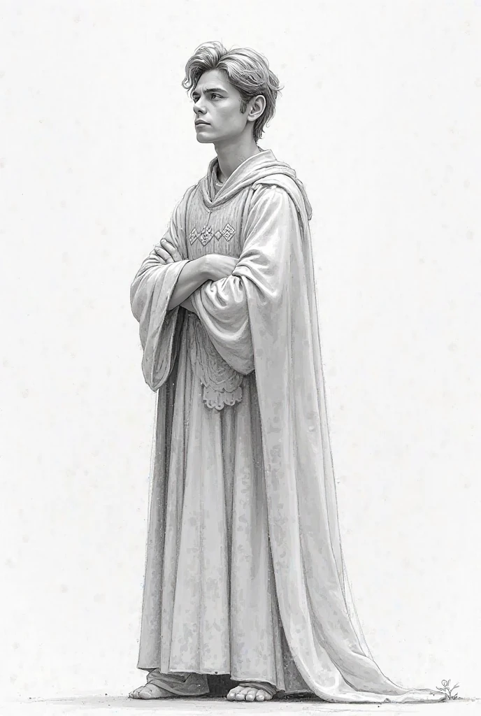 The sketch portrays a standing man draped in classical attire., lfrd, drapped, monochrome, robe