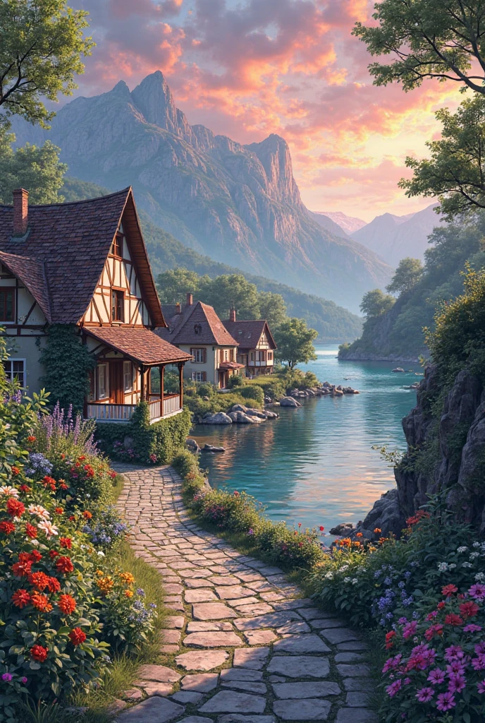 A small village by the river, color of the mountain in the background, colorful flower flowers, detailed landscape, beautiful natural scenery, atmospheric lighting, scorching sunset, warm colors, Practical, фотоPractical, detailed foliage, complex buildings, paved street, charming country house, swirl bright colors, lush vegetation, reflections on water, picturesque, idyllic, artwork, the best quality, 8k, very detailed, anime styling