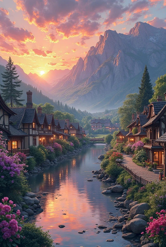 A small village by the river, color of the mountain in the background, colorful flower flowers, detailed landscape, beautiful natural scenery, atmospheric lighting, scorching sunset, warm colors, Practical, фотоPractical, detailed foliage, complex buildings, paved street, charming country house, swirl bright colors, lush vegetation, reflections on water, picturesque, idyllic, artwork, the best quality, 8k, very detailed, anime styling