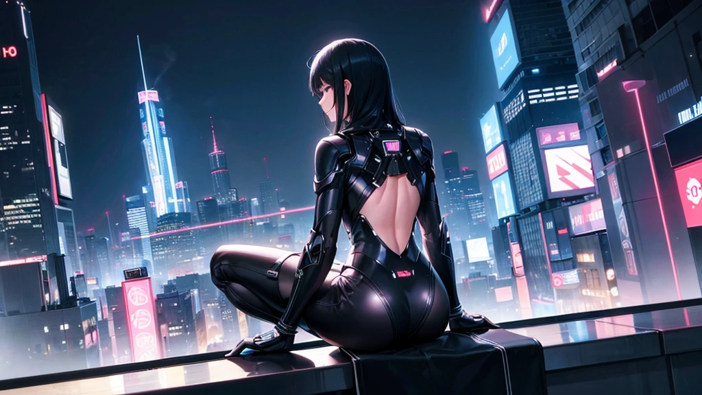 (((masterpiece))), ((best quality)), ((ultra-detailed)), ultra high res, intricate details, detailed, professional lighting, medium shot, from behind, 1girl, a woman on the rooftop, one knee, looking down on the city, ultra detailed eyes, black hair, high ponytail, leotard, black pantyhose, jacket, thigh holster, science fiction, cyberpunk, futuristic, skyscraper, neon lights, night, fog,