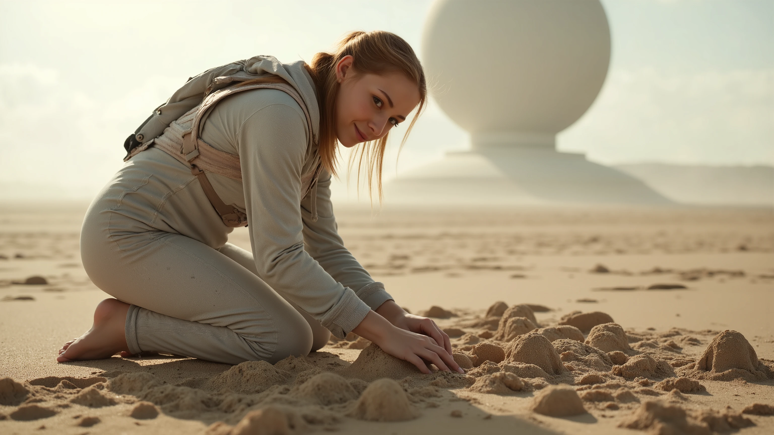 A young woman in a futuristic space suit, kneeling on a sandy planet, building intricate sandcastles with a serene expression. The scene is framed mid-shot, with the vast, barren landscape of the planet in the background. Soft, diffused lighting highlights the details of her suit and the sandcastles. The composition centres on her hands as she carefully shapes the sand, with a sense of tranquillity and focus. extremely detailed realistic natural skin with skin pores, perfect face, highly detailed face and lips, ray tracing, UHD, HDR, 16k, DSLR, masterpiece, photorealistic, award-winning