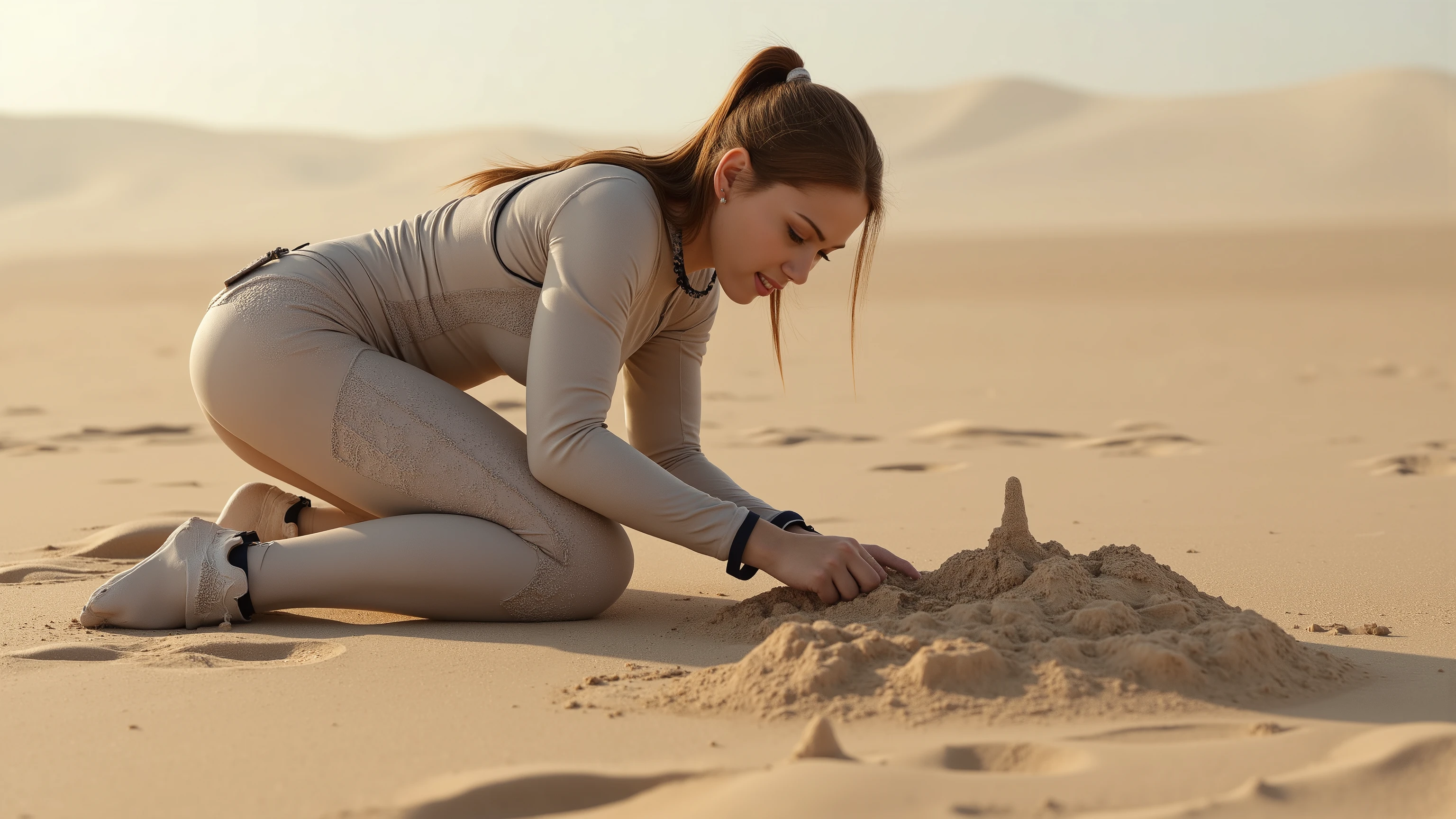 A young woman in a futuristic space suit, kneeling on a sandy planet, building intricate sandcastles with a serene expression. The scene is framed mid-shot, with the vast, barren landscape of the planet in the background. Soft, diffused lighting highlights the details of her suit and the sandcastles. The composition centres on her hands as she carefully shapes the sand, with a sense of tranquillity and focus. extremely detailed realistic natural skin with skin pores, perfect face, highly detailed face and lips, ray tracing, UHD, HDR, 16k, DSLR, masterpiece, photorealistic, award-winning