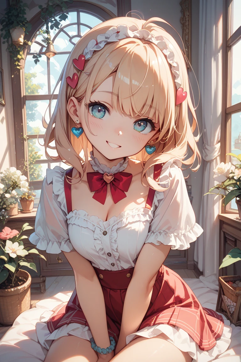 girl,cute,(thin blonde hair:1.2),(long hair with curls:1.2),(Drill Curl:1.25),(With bangs),(Eye size:1.5),(Lace dress:1.3),(White corset:1.3),(blush:1.2),(small breasts:1.6),(Smile slightly:1.1),(close up of face:1.25),(Background of blooming flowers:1.25),(white, pink, light blue, and yellow-green),(Heart in the hand:1.5),