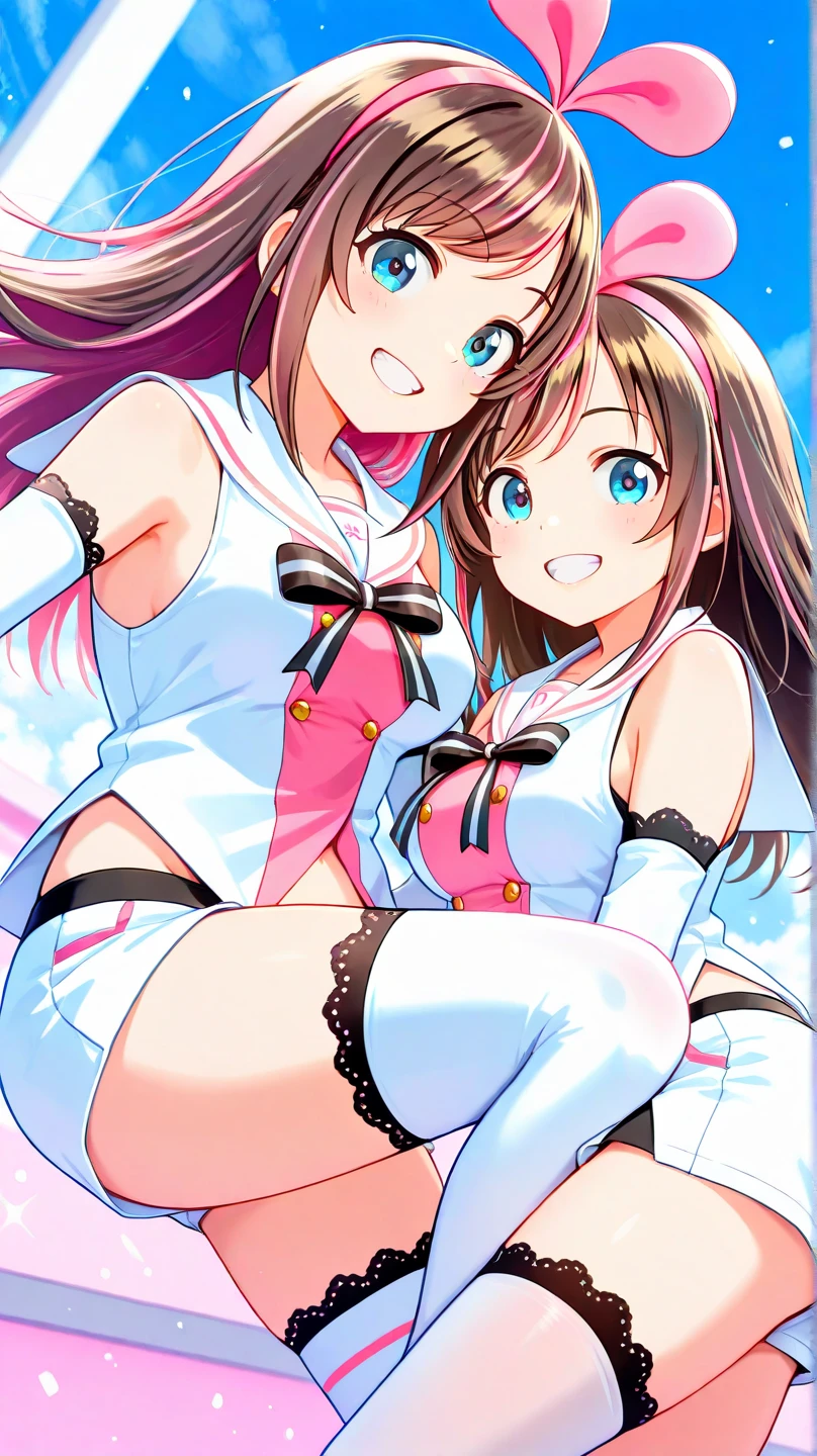 riseidol, brown hair, long hair, twintails, brown eyes, hair bow, headphones, jacket, black bra, suspenders, midriff, pink skirt, thighhighs, choker,