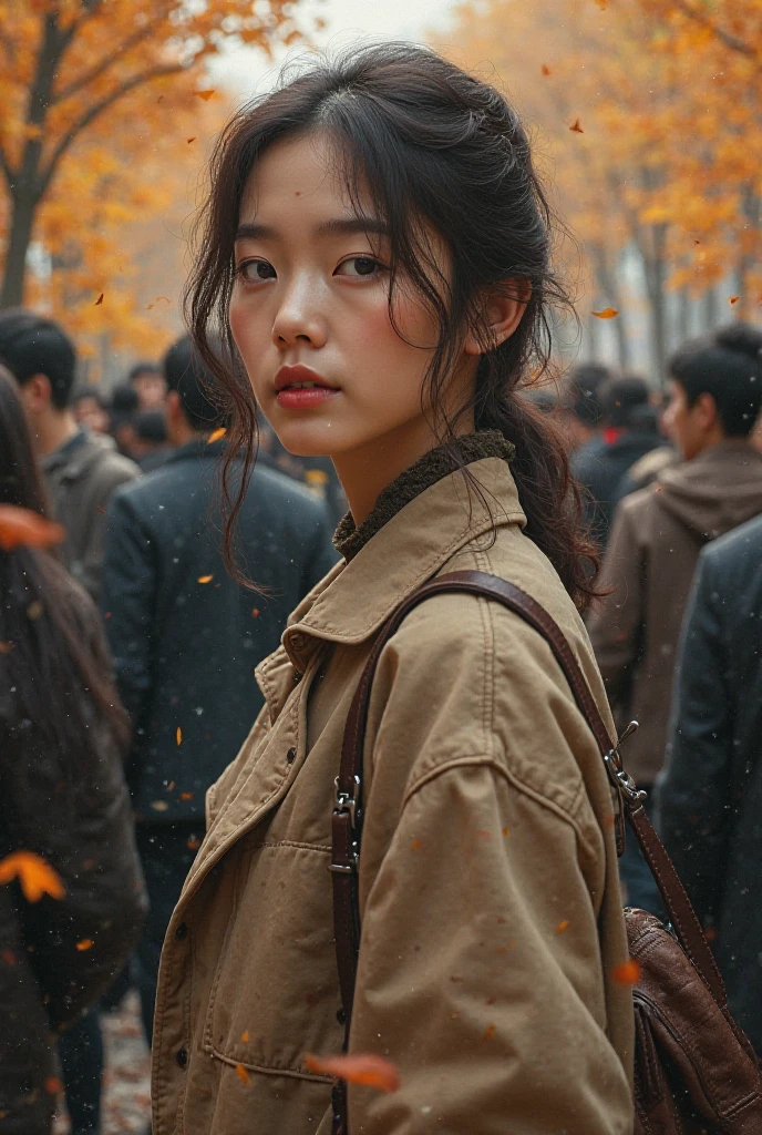 Photorealistic girl. from afar. Inconspicuous autumn all around. The crowd admires in the background